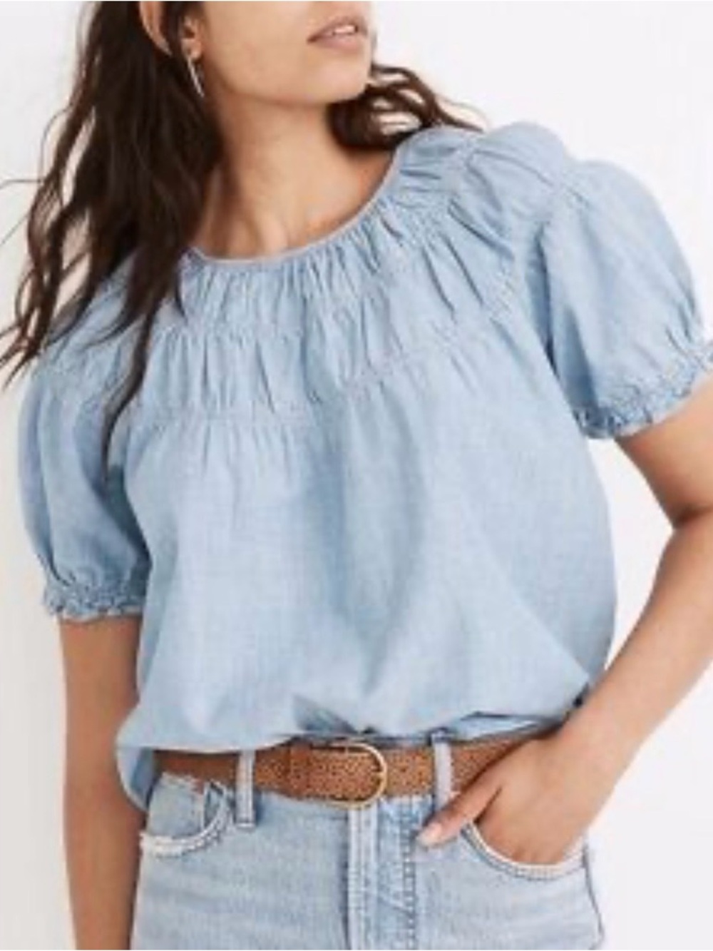 Madewell Light Blue Smocked Puff Sleeve Top